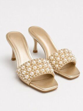 Jessica Simpson Cameleah Pearl Embellished Gold Slide Mule Heels 7 Bridal